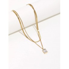 Stainless Steel Layered Necklace with Square Pendant
