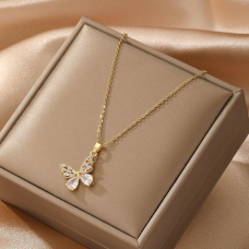 Stainless Steel Cubic Zirconia Butterfly Pendant Necklace