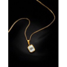 Stainless Steel Gold Plated CZ Rec Pendant Necklace 